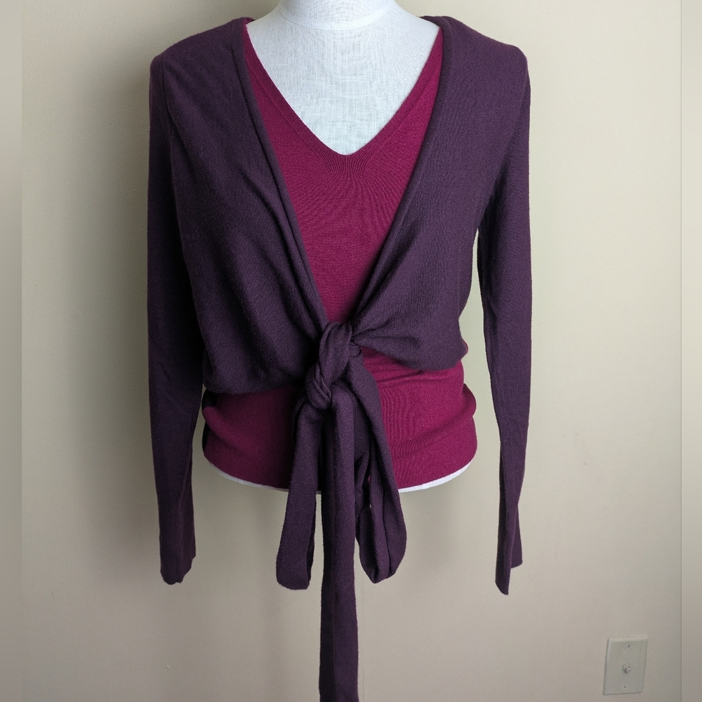 Club Monaco pink purple ballet core tie shrug sweater